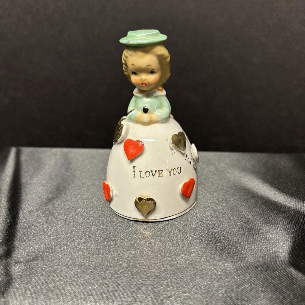 Vintage Girl Bell W/ Hearts & I Love You In Different‎ Languages Ceramic Japan